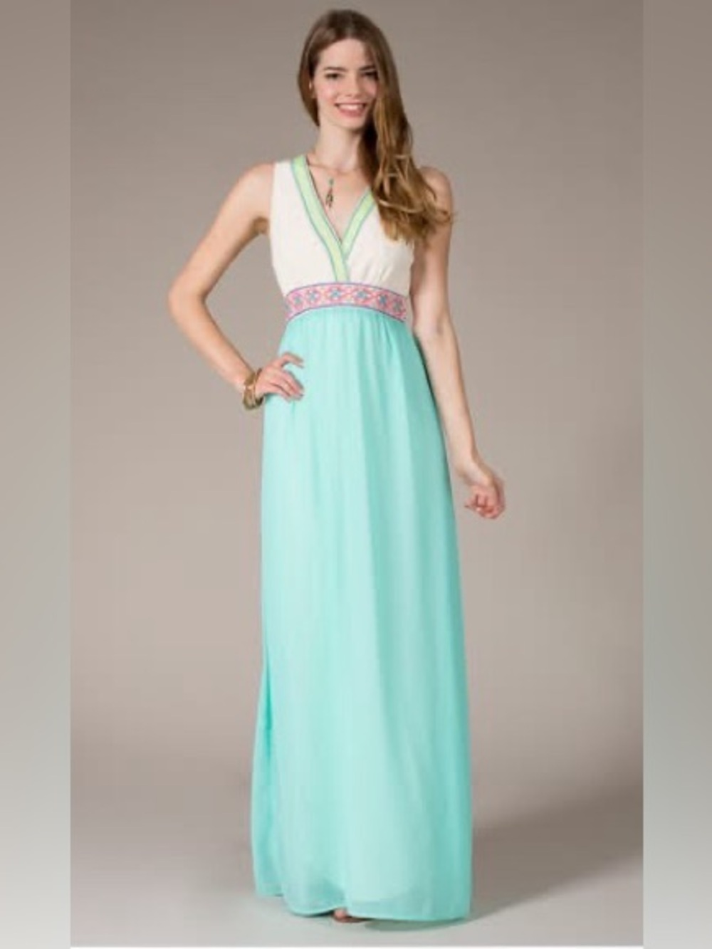 Flying Tomato Mint and Cream Maxi Dress with Embroidered Waist